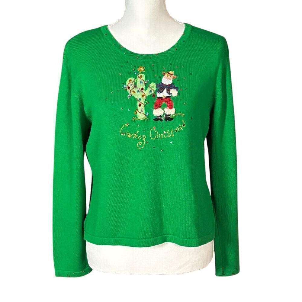 Vintage Berek Christmas Sweater Size Large Green Santa Cowboy Cactus Beaded